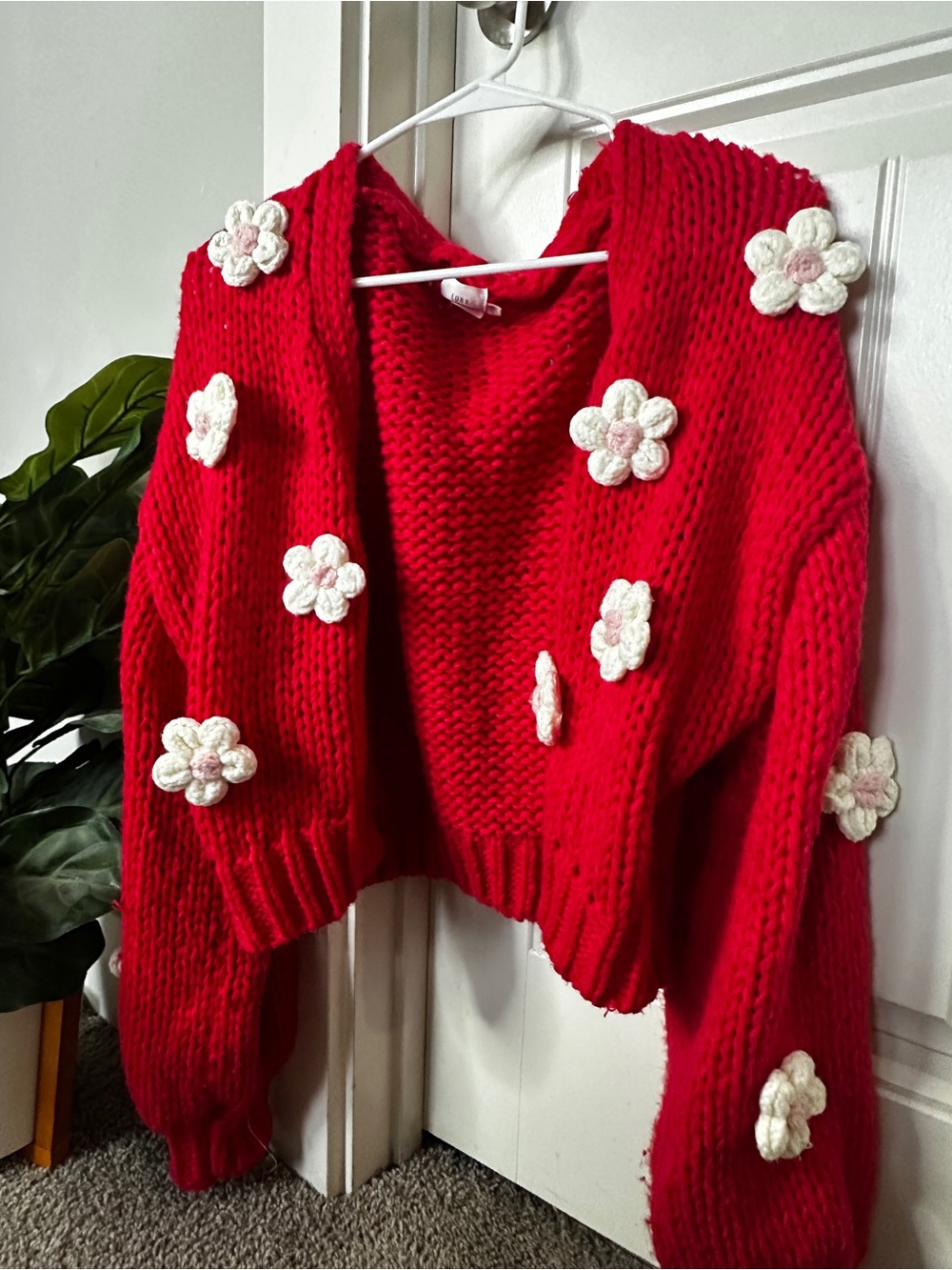 Red Cropped Hooded Cardigan with White Floral Appliqués